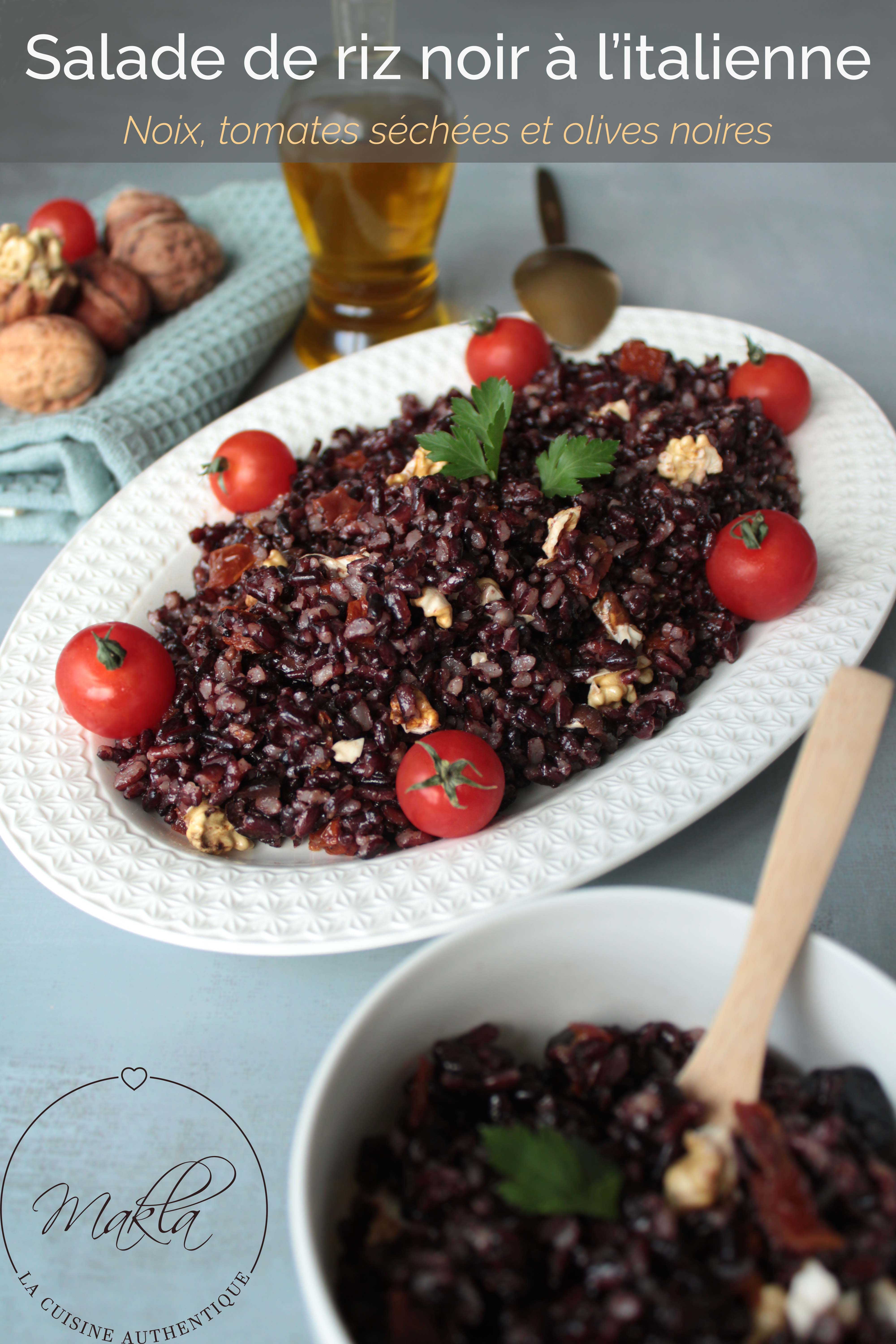 Lire la suite à propos de l’article Salade de riz noir à l&rsquo;italienne | Noix, tomates séchées et olives noires